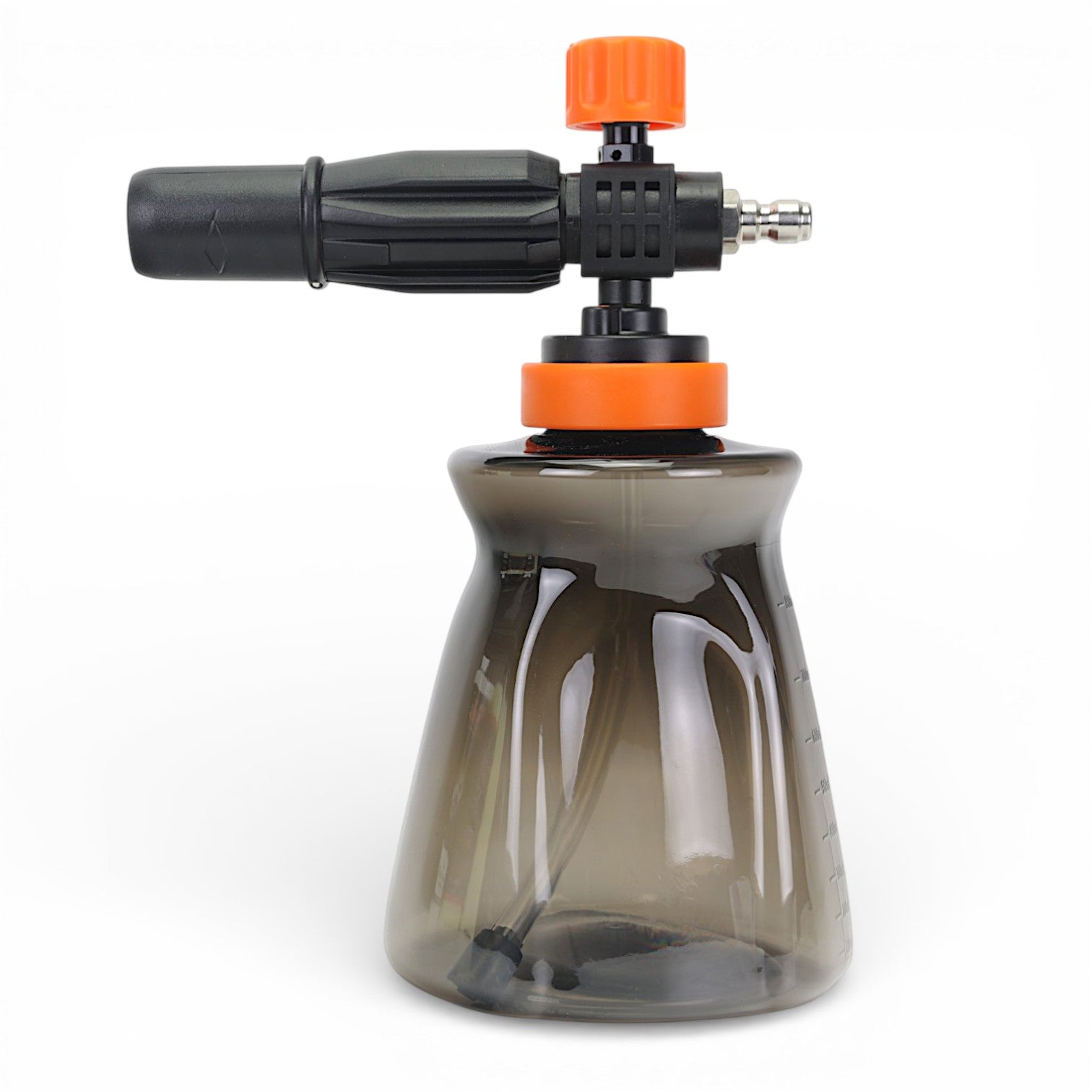 Foam cannon for car washing with black and orange design on a white background