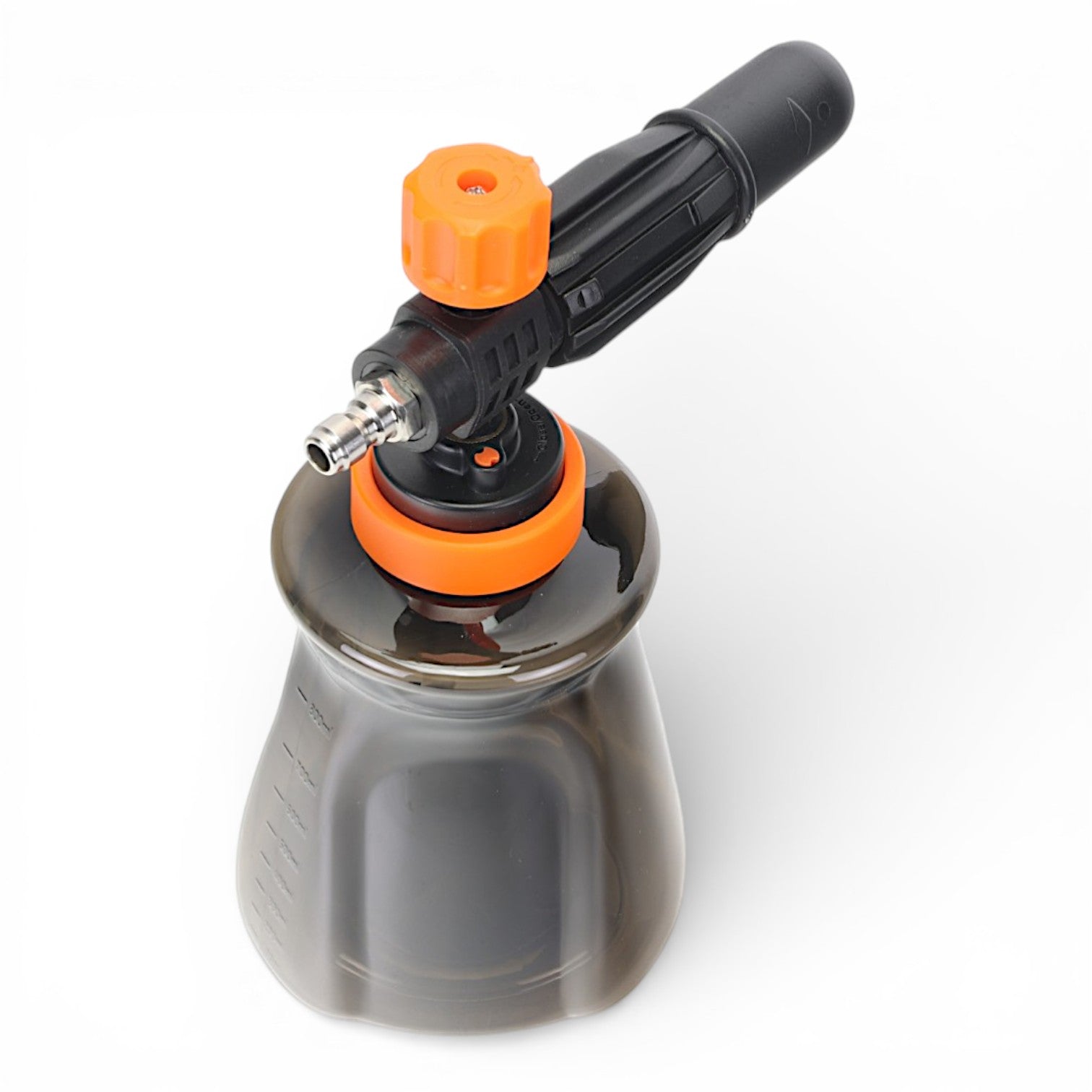 Foam cannon for car washing with orange nozzle on a white background