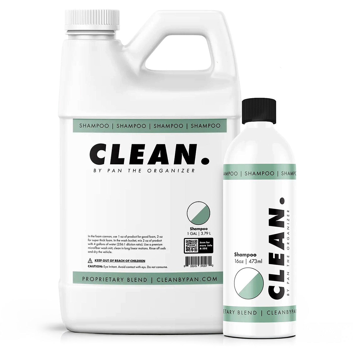 Two bottles of 'Clean.' shampoo by Pan the Organizer on a white background