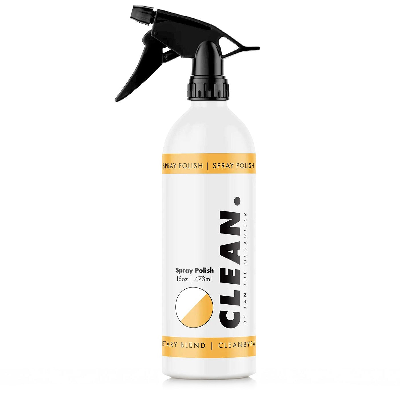CLEAN. by Pan Spray polish bottle with black and yellow label on a white background