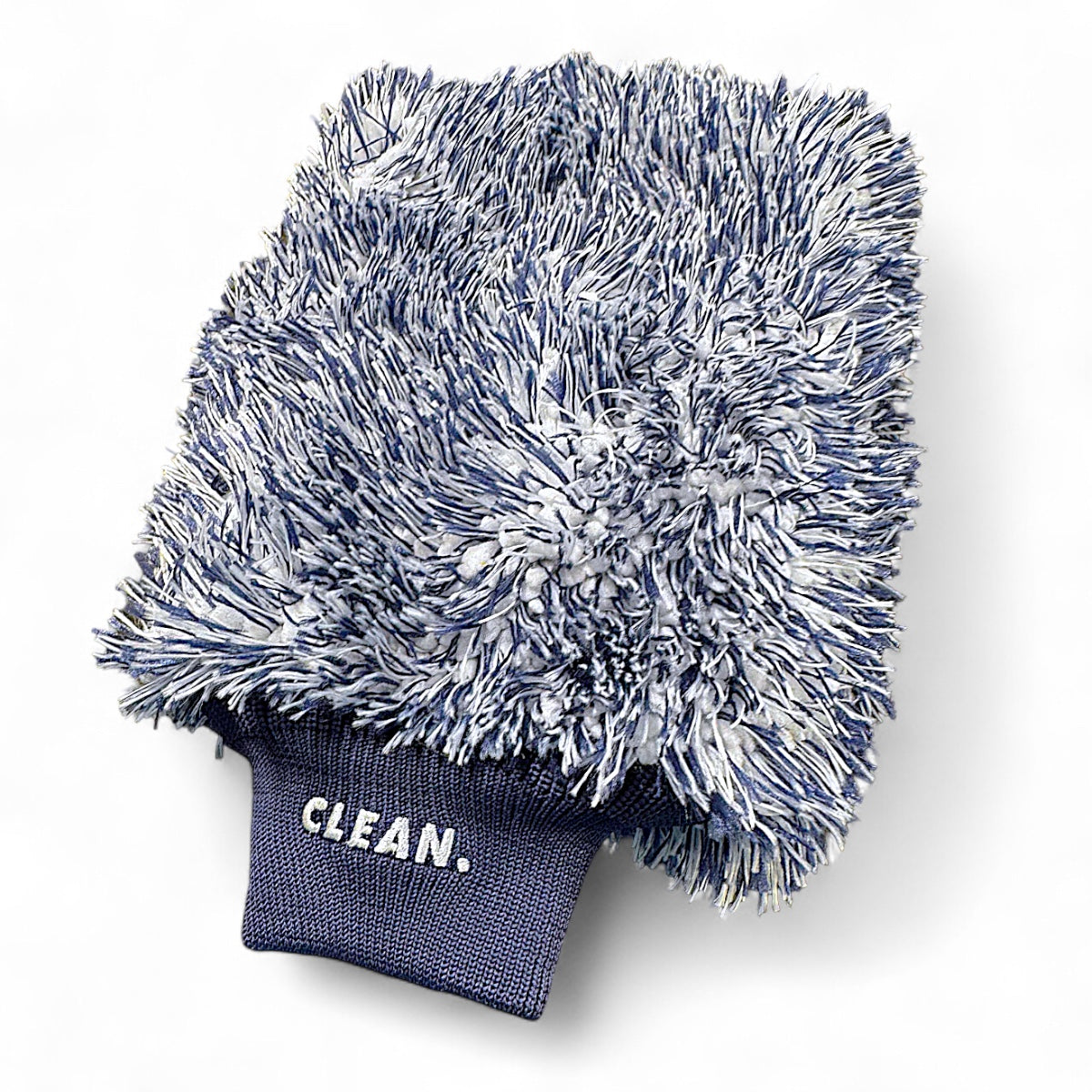 Blue microfiber cleaning mitt with 'CLEAN.' text on a white background