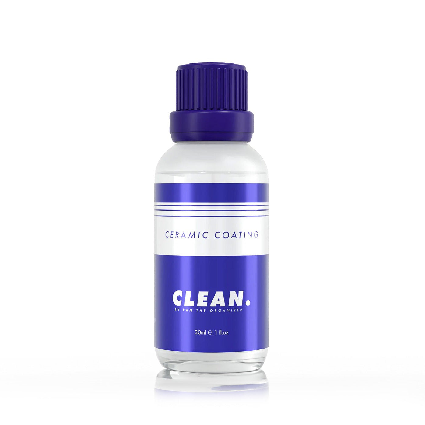 Bottle of CLEAN. by pan 8 Year Ceramic Coating with purple cap and label on a white background