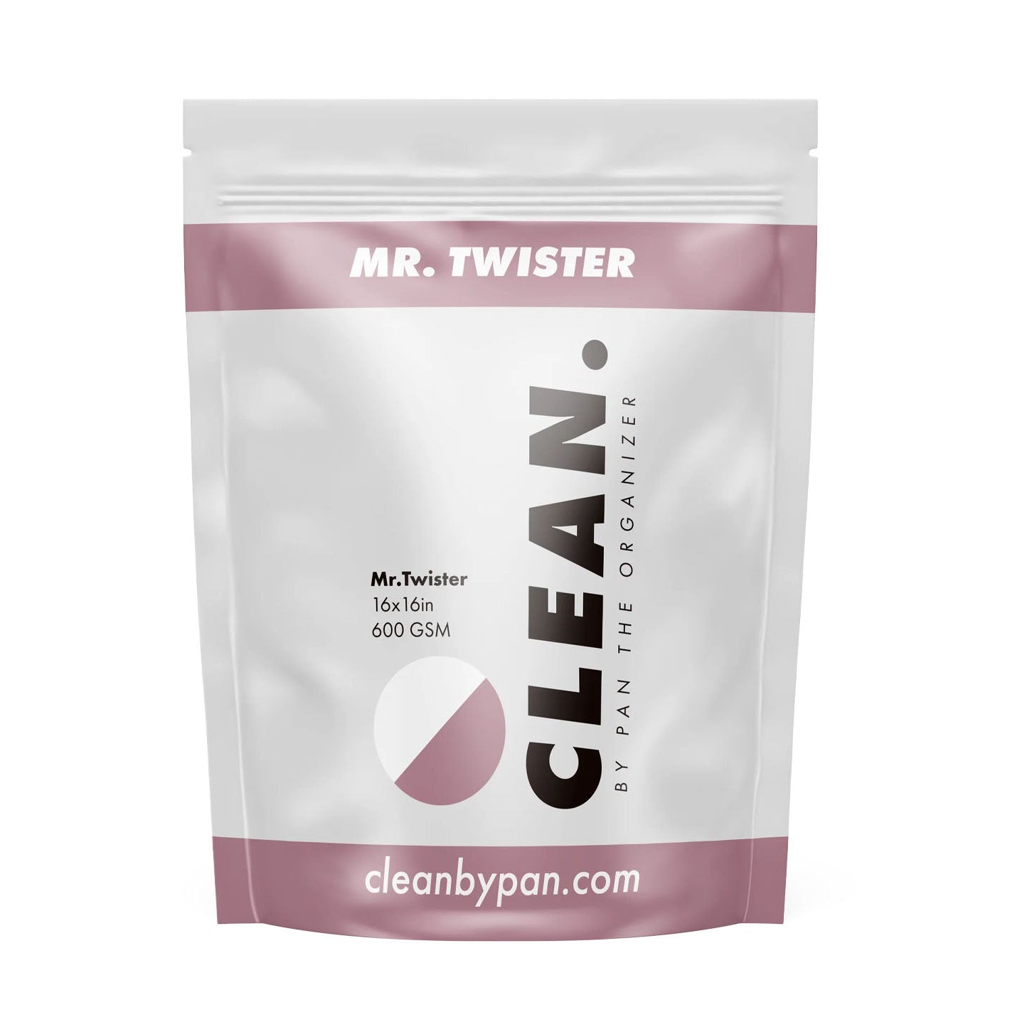 White packaging with pink accents featuring 'Mr. Twister' and 'Clean by Pan the Organizer' on a white background.