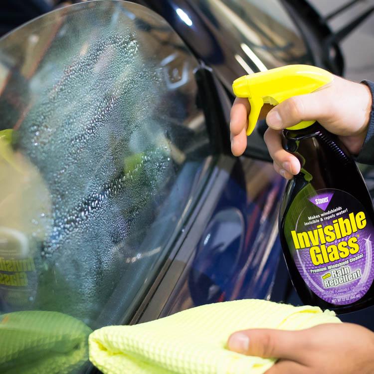Stoner Invisible Glass With Rain Repellent being sprayed on the glass
