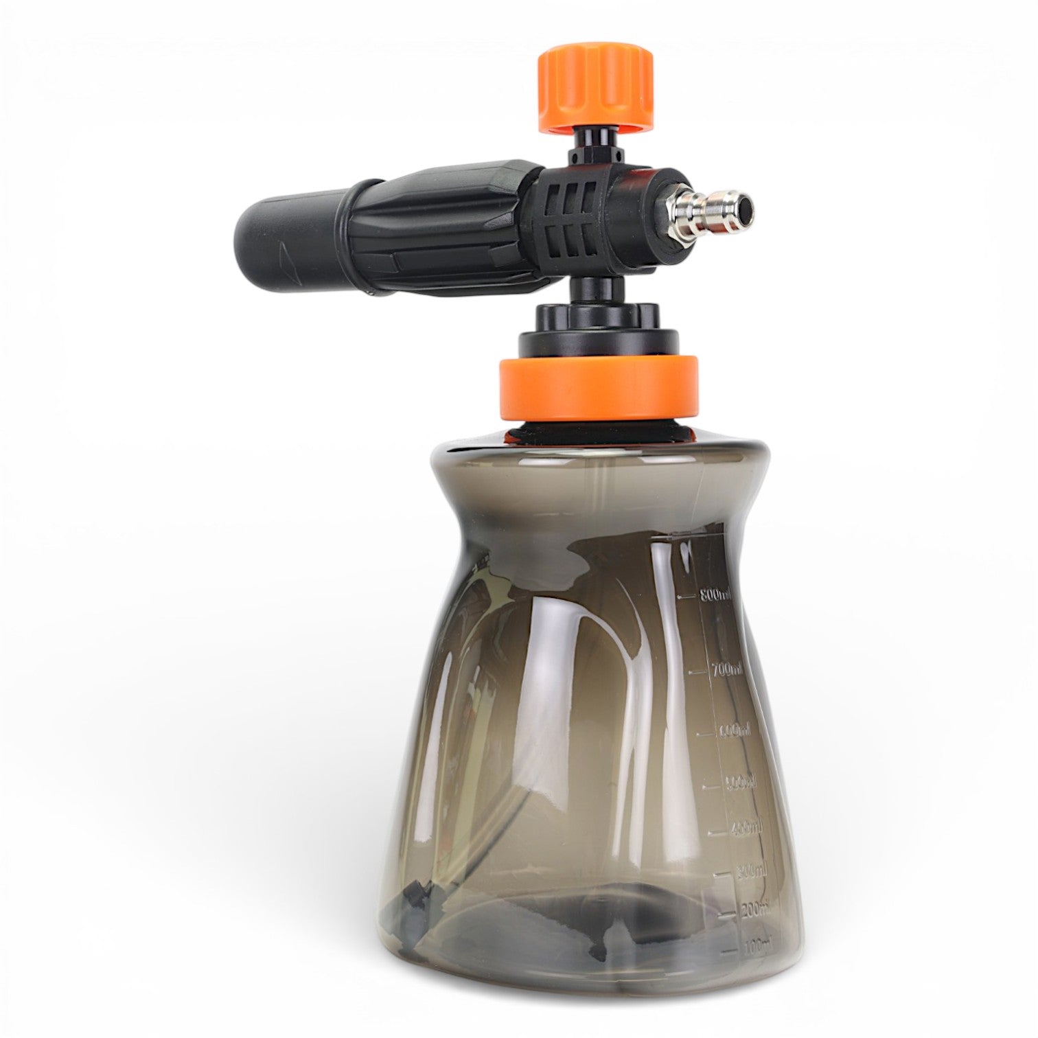 Foam cannon for car washing with orange and black design on a white background