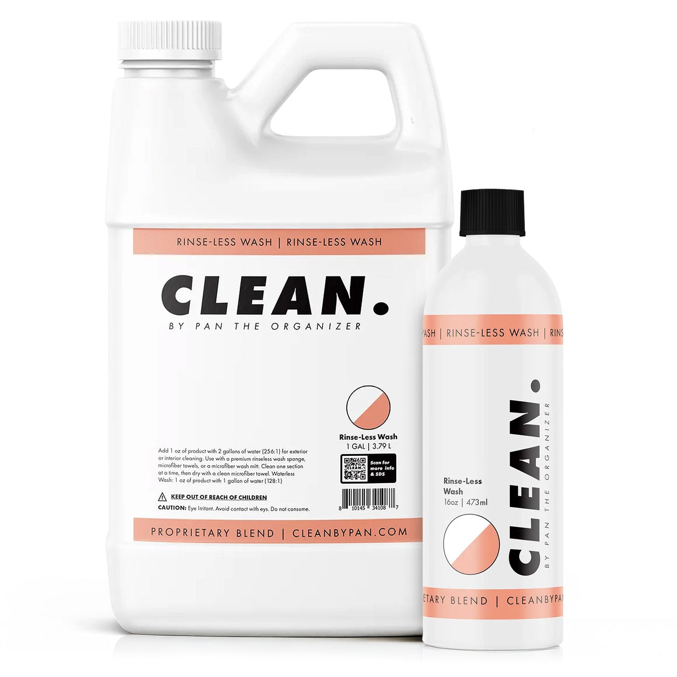 Two bottles of 'Clean. by pan ' rinse-less wash on a white background