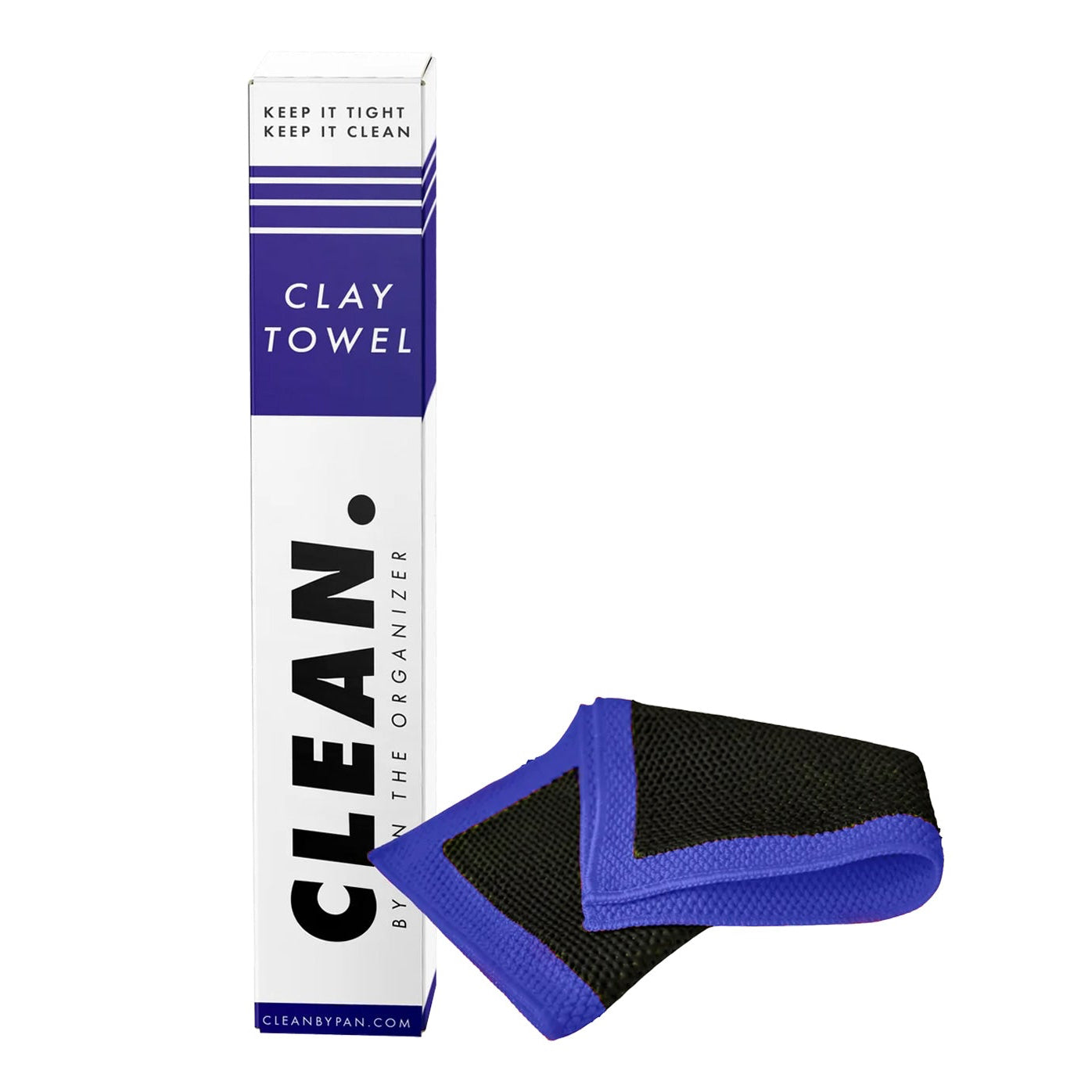 Blue and black CLEAN. by Pan clay towel with packaging on a white background