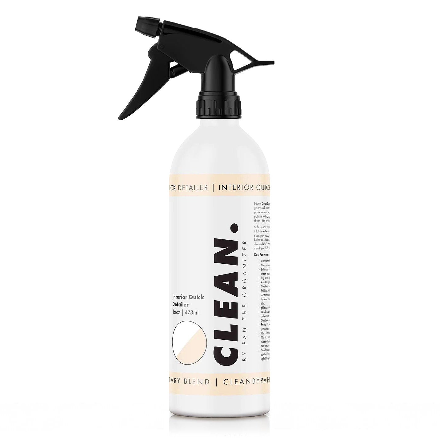 Spray bottle labeled 'CLEAN. by Pan' Interior Quick Detailer on a white background