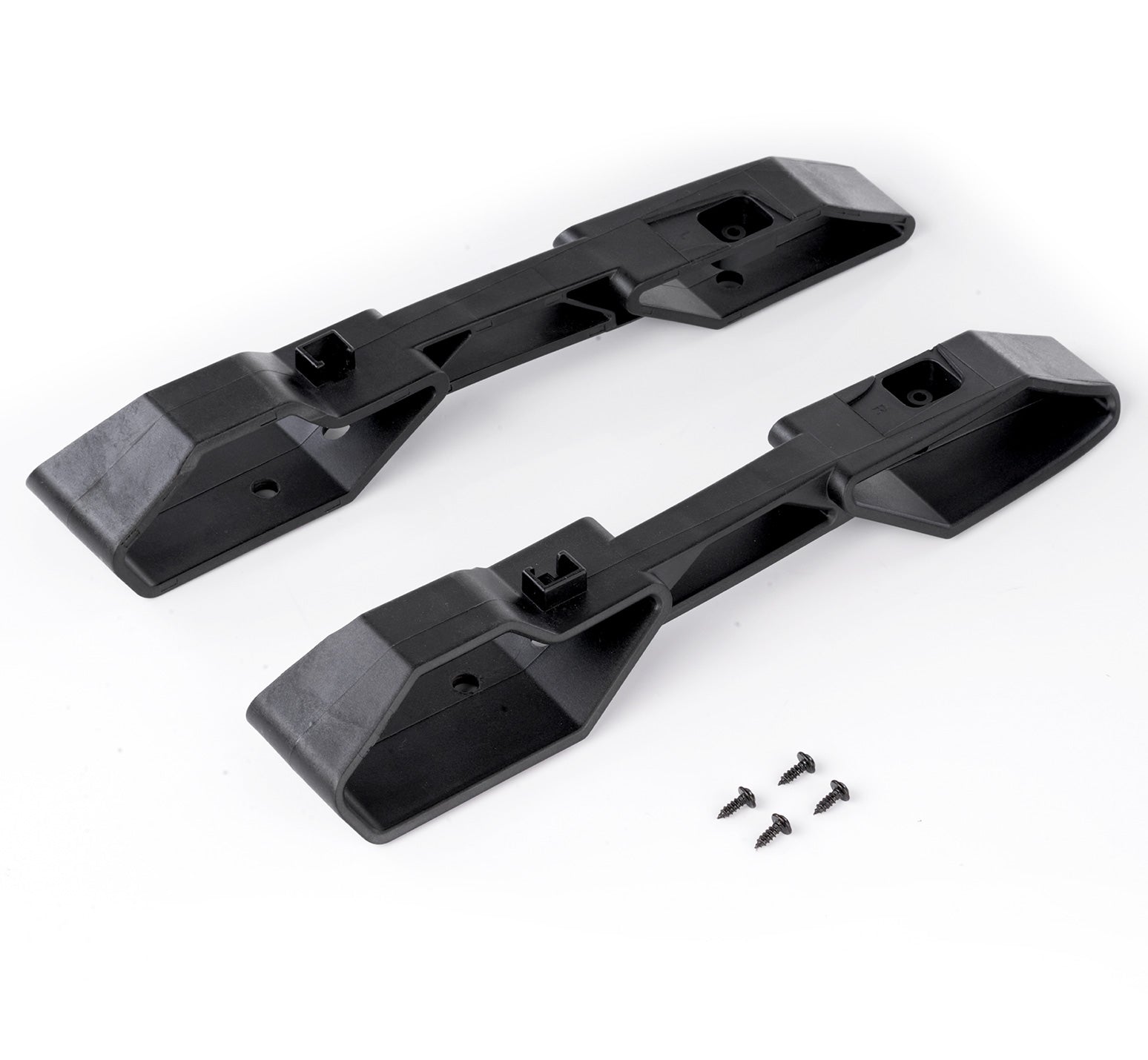 Two black plastic components with screws on a white background