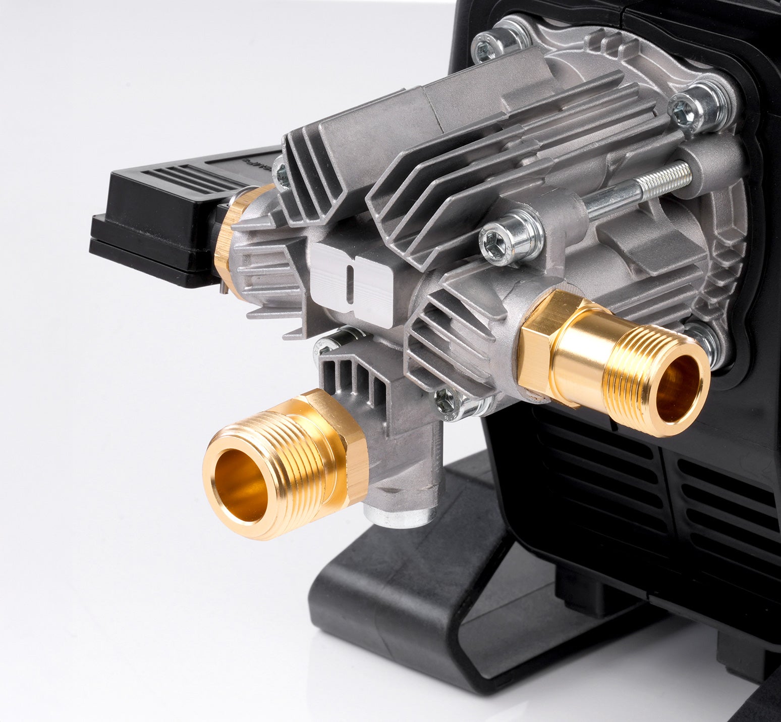 High-pressure pump with brass connectors on a white background