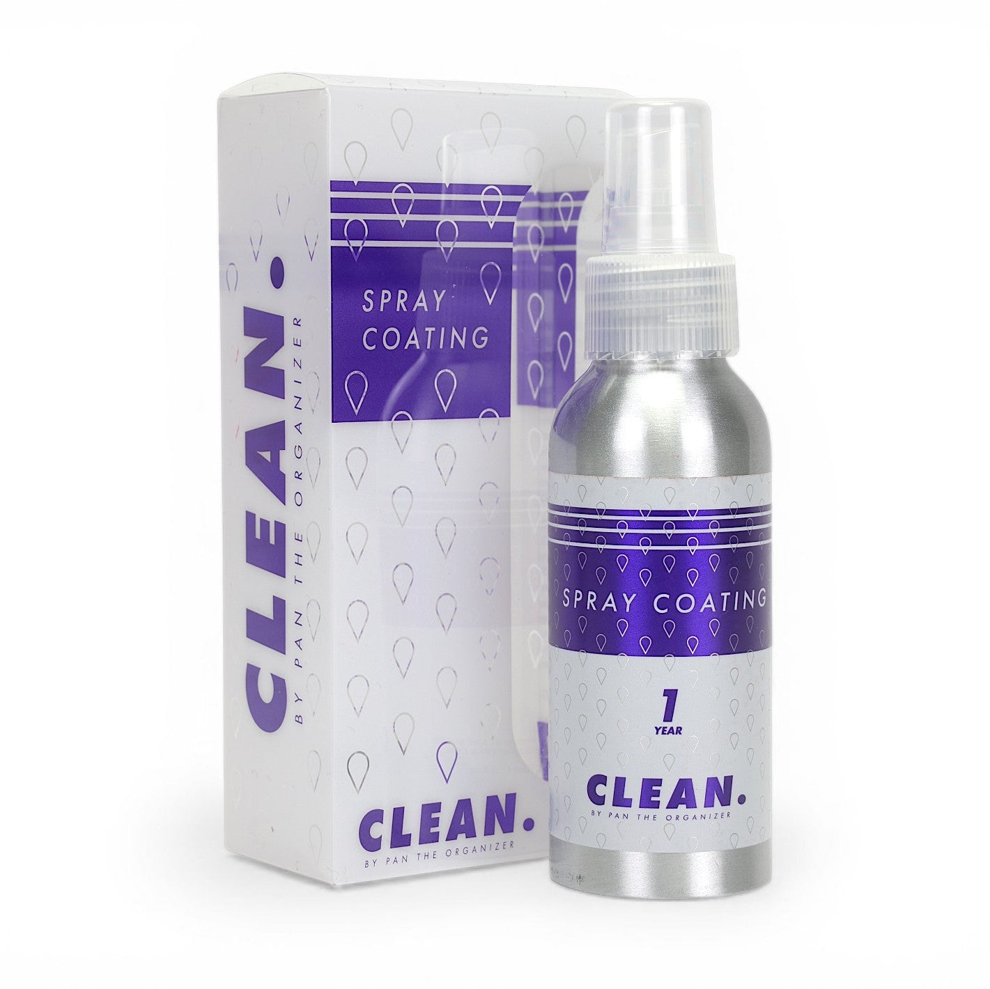 Silver spray bottle and packaging with 'CLEAN. by Pan' branding on a white background