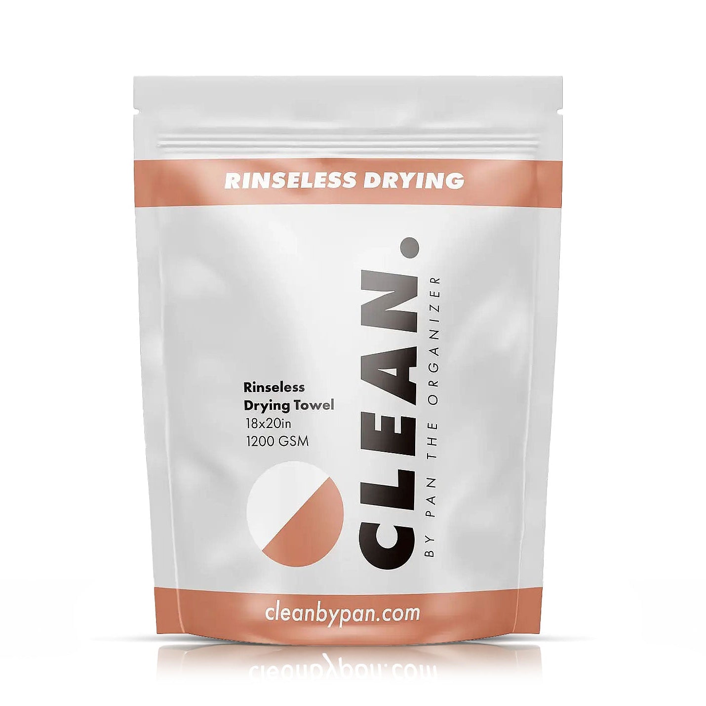 Package of 'CLEAN' rinseless drying towel with branding on a white background