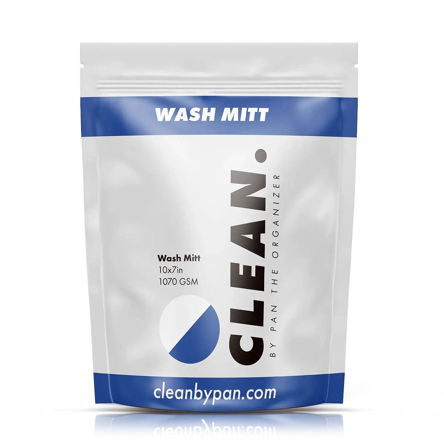 Packaged wash mitt with 'Clean' branding on a white background