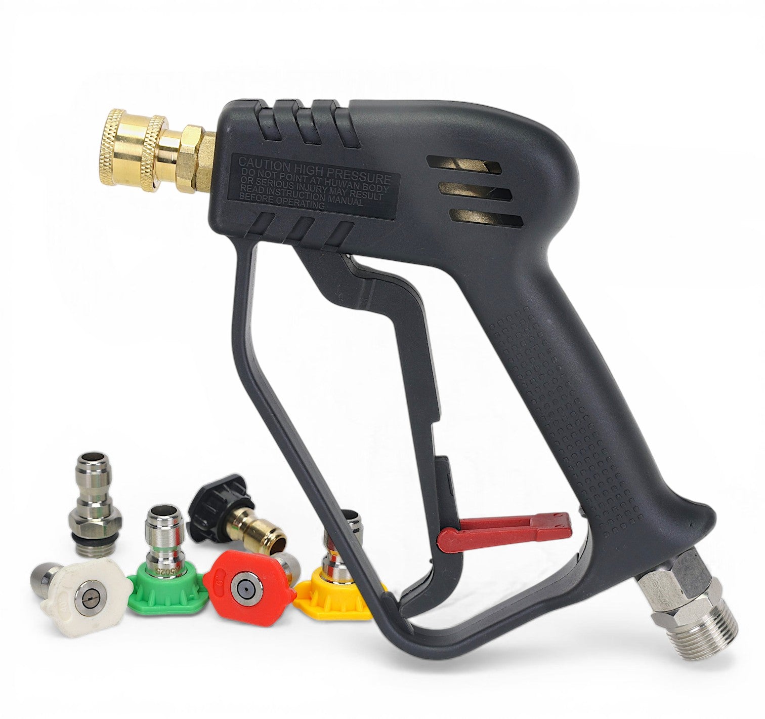 Black pressure washer gun with multiple nozzles on a white background