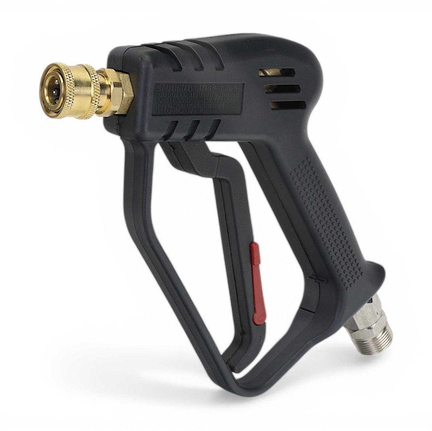 Black high-pressure washer gun with gold nozzle on a white background