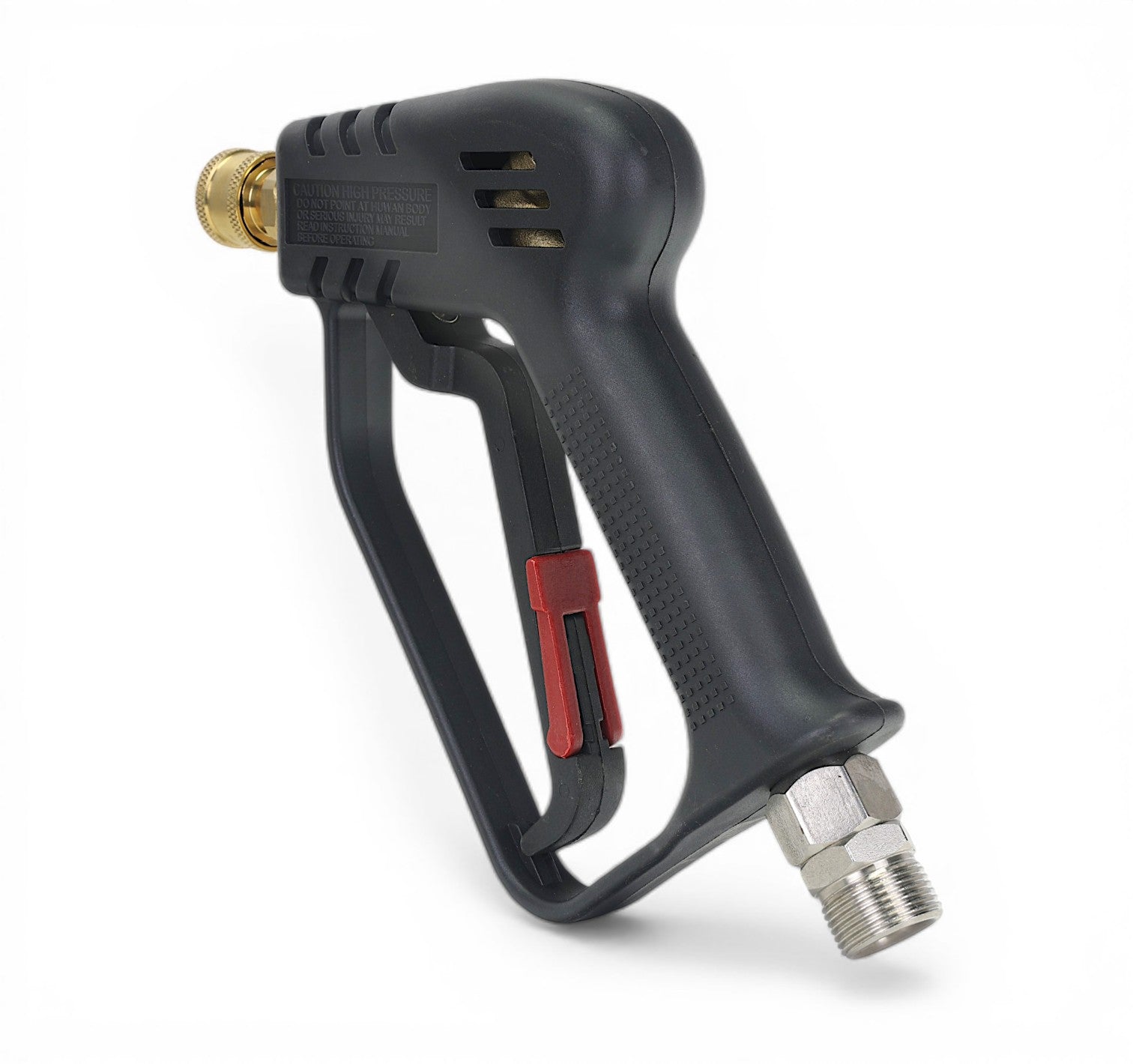 Black high-pressure washer gun with gold and red accents on a white background